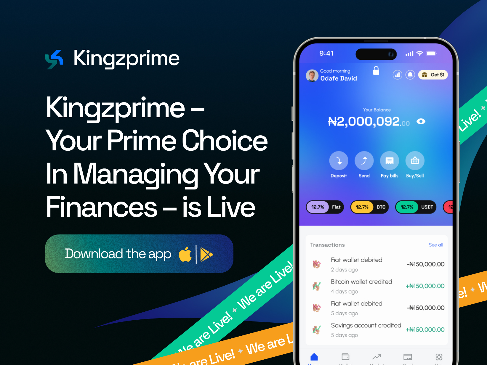 Banner image showing Kingzprime crypto exchange in Nigeria with a text stating "Kingzprime - Your Prime Choice In Managing Your Finances- is Live